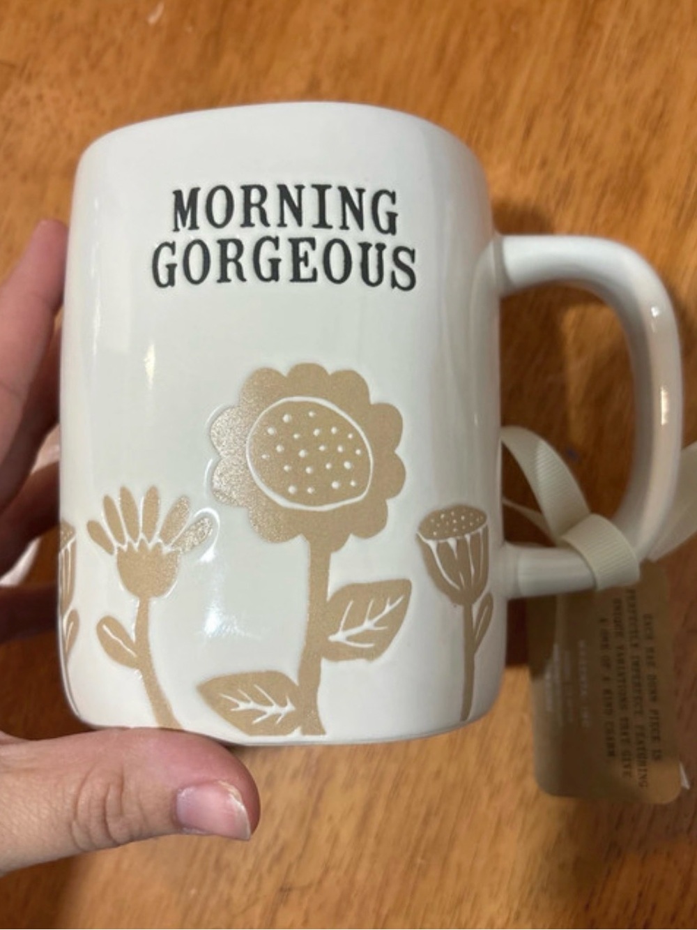 Rae Dunn White Mug with Beige Floral "Morning Gorgeous"